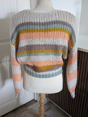 By Together Striped Cropped Crew Sweater in Peach, Mustard, Gray & Light Blue